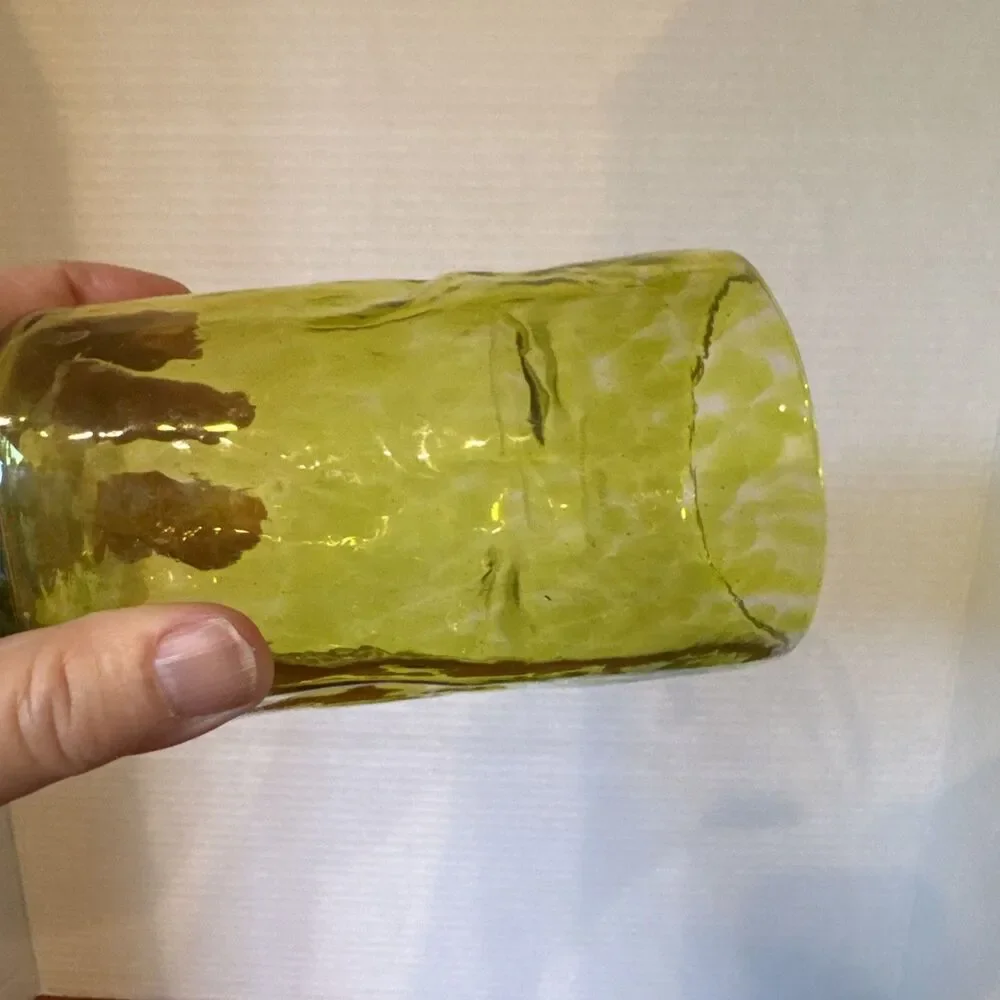 Hand Blown Art Glass Tumbler Yellow Spots Organic Pinched Shape 5” Tall Thick
